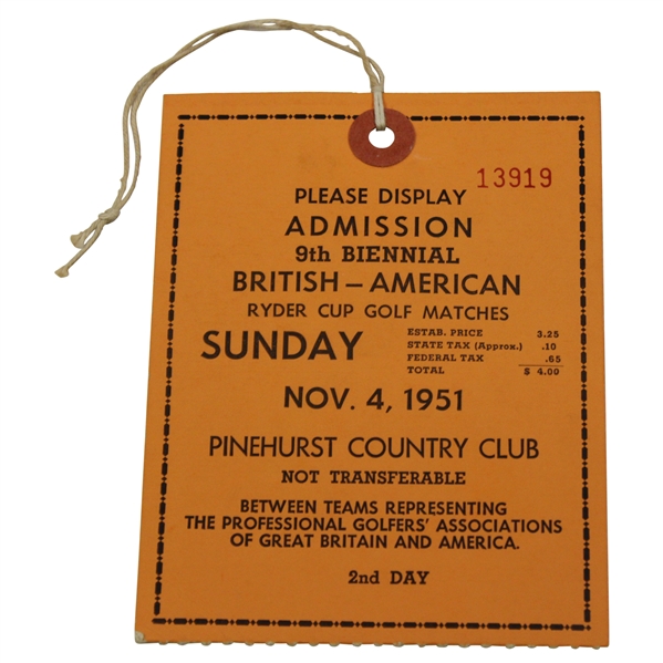 1951 Ryder Cup Sunday Ticket #13919 - Pinehurst Country Club