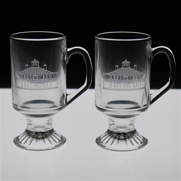 Two (2) Augusta National Golf Club Glass Clubhouse Logo Pedestal Coffee Mugs