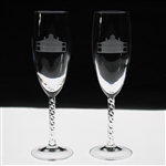 Two (2) Augusta National Golf Club Glass Clubhouse Logo Flute Champagne Glasses