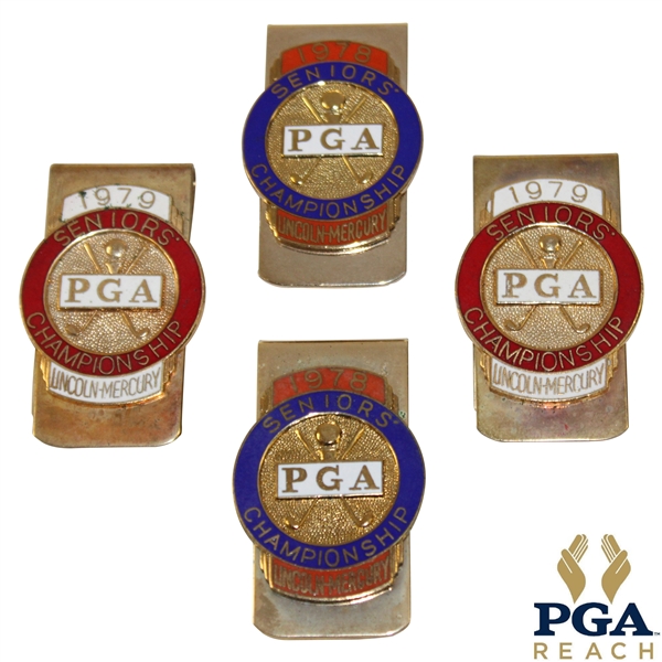 Two (2) 1978 & Two (2) 1979 PGA Seniors' Championship Clips/Badges