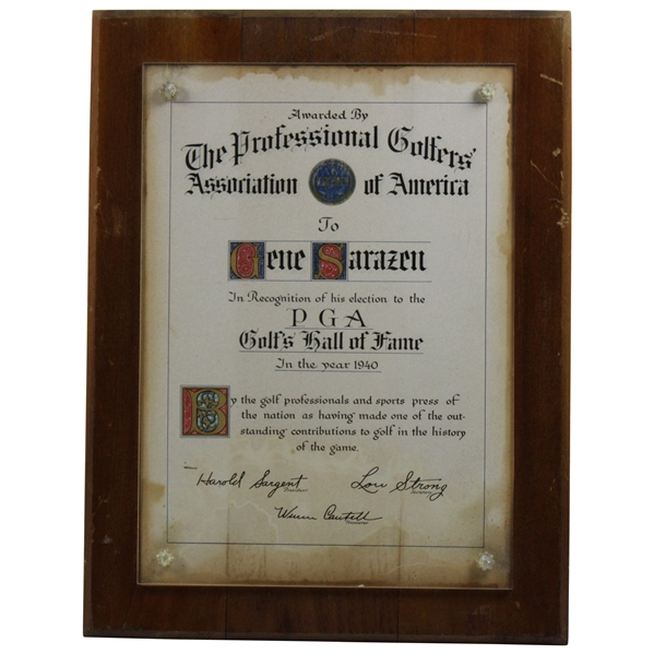 Gene Sarazen's Personal 1940 PGA Hall Of Fame Induction Plaque
