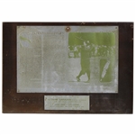 Gene Sarazens Personal 1935 Masters Double Eagle Golf Digest 1970 Printing Plate Plaque Award