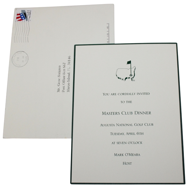 Gene Sarazen's Personal Invitation To 1999 Masters Club Dinner w/ Envelope