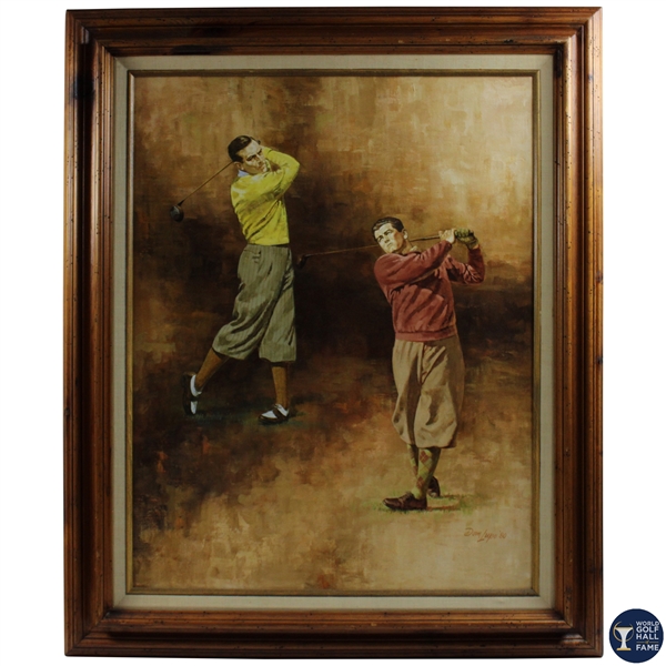 Original 1980 World Golf HoF Lawson Little & Henry Cotton Dom Lupo Painting Oil on Canvas - Framed 