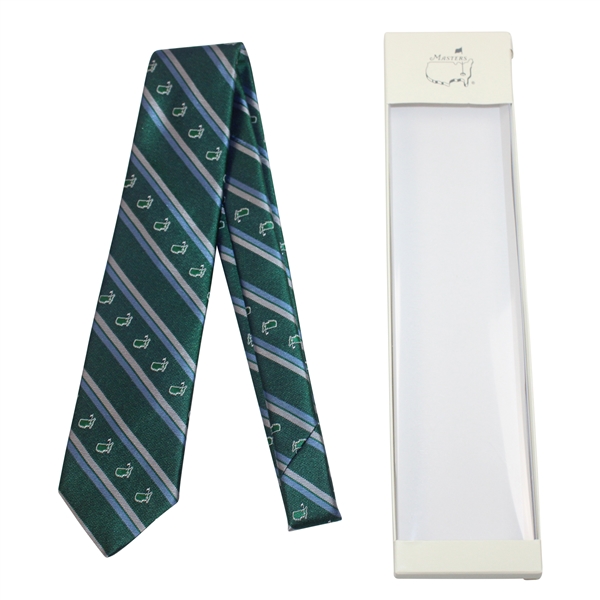 Masters Dark Green Silk Tie With Light Blue And Grey Stripes