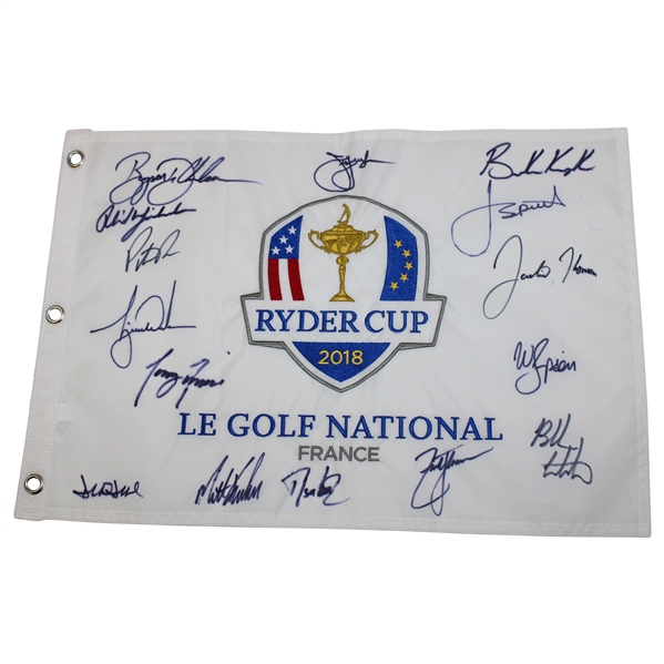 2018 Ryder Cup at Le Golf National Team USA & Captain Signed Embroidered Flag JSA ALOA