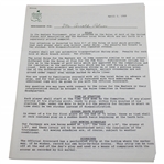 Arnold Palmers 1989 Masters Tournament Memorandum Signed by Hord Hardin