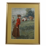 Lady Golfer in Red Coat Readying Next Shot w/Caddy & Animal Spectators Print - Framed