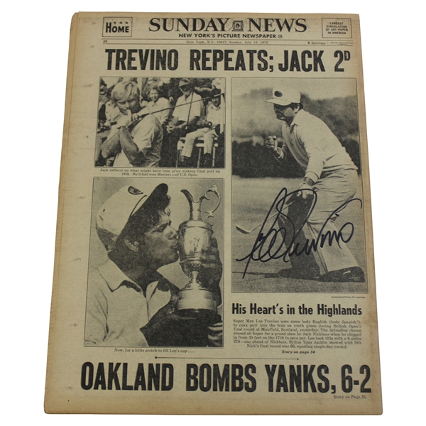 Lee Trevino Signed Sunday News Trevino Repeats Headline July 1972 Newspaper  JSA ALOA