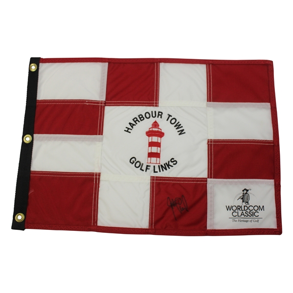 Justin Leonard Signed 2002 WorldCom Classic at Harbour Town Golf Links Flag JSA ALOA