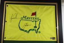 Tiger Woods & Jack Nicklaus Signed Undated Masters Embroidered Flag w/Badge & Photo Display - Framed Full JSA #YY68309