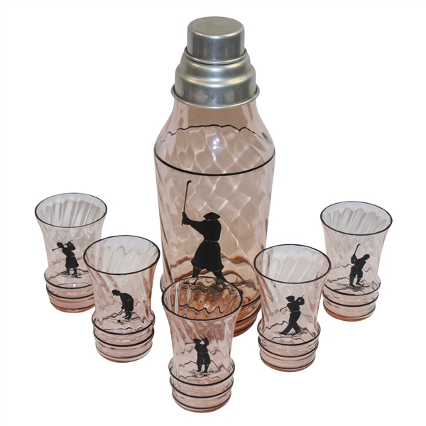 Glass Golfer Theme Art Deco Shaker w/Five (5) Golfer Theme Shot Glasses