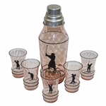 Glass Golfer Theme Art Deco Shaker w/Five (5) Golfer Theme Shot Glasses