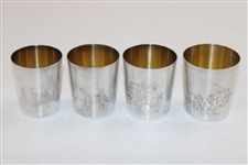 c.1910 Four (4) Golf Theme Meriden Britannia Shot Glasses w/Leather Case