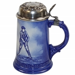 c.1900 Blue Lenox Ceramic Golf Scene Stein w/ Sterling Silver Lid