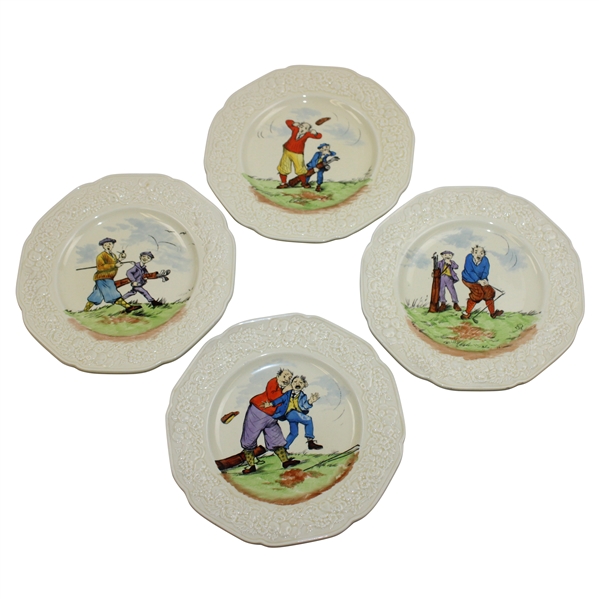 c.1930s Set Of Four (4) Crown Ducal Florentine Ceramic Golf Scene Plates Made In England