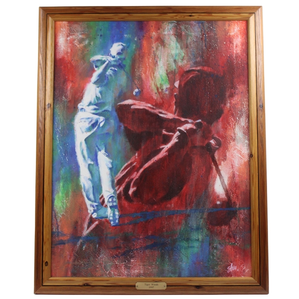 Original Tiger Woods 1997 Canvas Painting w/Name Plate 