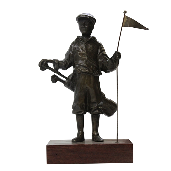 Caddy Boy with Bag & Clubs Holding Up Flagstick with Red Run Invitational Flag