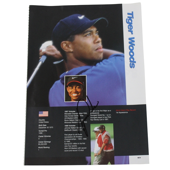 Tiger Woods Signed 1999 World Match Play Bio Magazine Page JSA ALOA