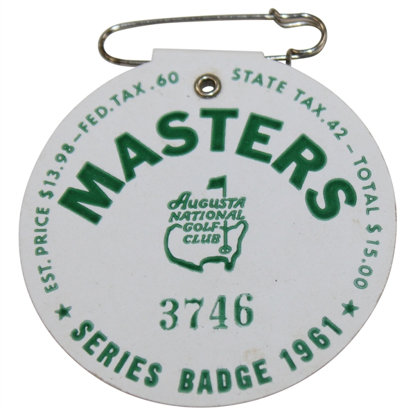 1961 Masters Tournament SERIES Badge #3746 - Gary Player Winner