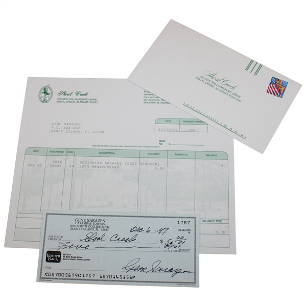 Gene Sarazen Signed Personal 1997 Check to Shoal Creek for $5.00 - Sarazen Collection JSA ALOA