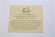 2011 Masters Tournament Lted Ed 75th Anniversary Comm. Coin #236/350 in Box w/Card