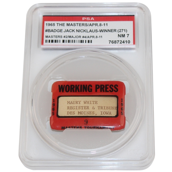 1965 Masters Tournament Working Press Badge #9 - PSA NM 7