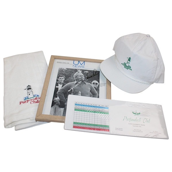 Arnold Palmer Signed Photo w/Purpoodock Club Scorecard, Hat & Towel - Site of 2nd to last Pro Win - Nielson Collection JSA ALOA