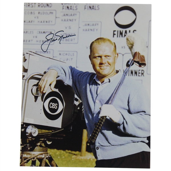 Jack Nicklaus Signed Photo Posing w/Clubs Leaning On CBS Camera JSA ALOA
