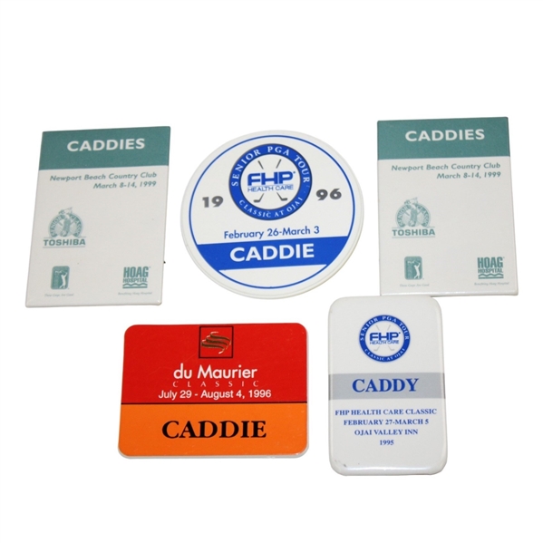 Five (5) Caddie Badges - Senior PGA Tour, Newport Beach, & Du Maurier Classic