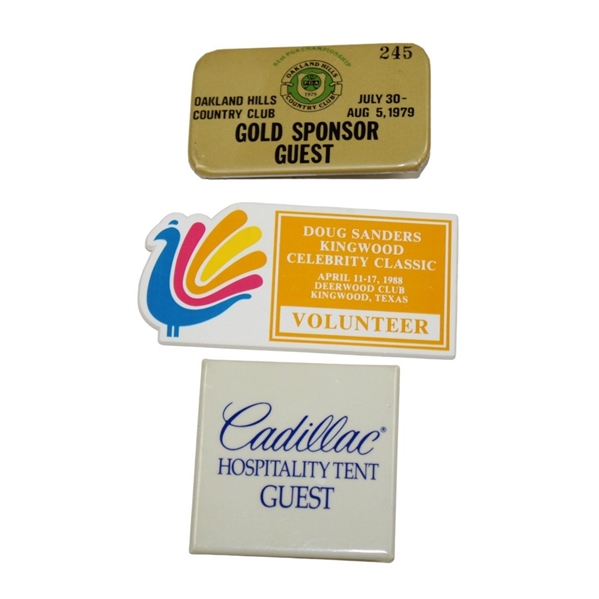 Three (3) Badges - 1979 PGA Championship, Cadillac, & 1988 Doug Sanders Kingwood Celebrity Classic