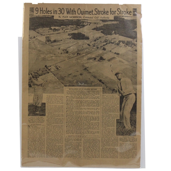 9 Holes in 30 with Ouimet, Stroke for Stroke 1931 US Am Newspaper Article Sheet by Alex Morrison