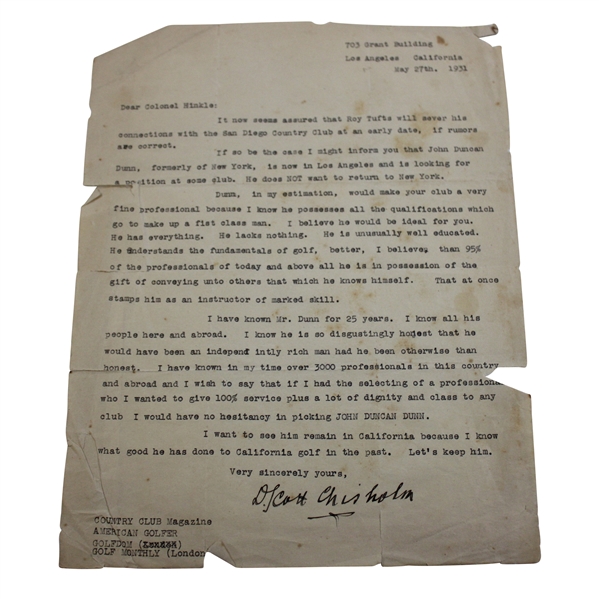 Scott Crisholm 1931 Letter of Recommendation to Colonel Hinkle - J.D.D. Collection