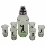Vintage Glass Cocktail Shaker With 6 Glasses Featuring Golfers In Relief