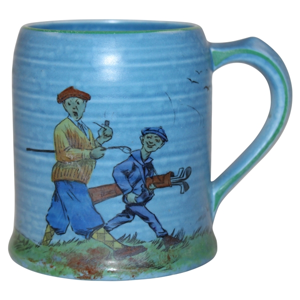 Crown Ducal Humorous Golf Scene Blue Mug 4.5” Circa 1930