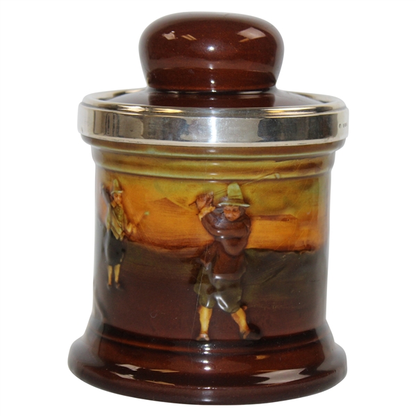 Royal Doulton Kingsware Golf Tobacco Jar with Sterling Silver Rim 