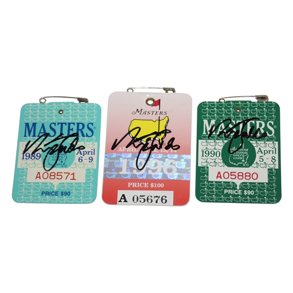 Nick Faldo Signed 1989, 1990 & 1996 Masters SERIES Badges JSA ALOA