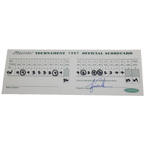Tiger Woods Signed 1997 Masters Tournament Official Scorecard UDA