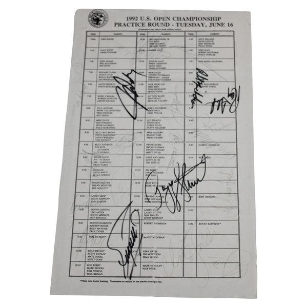 Seve, Payne, Jack, Phil (PGA Tour Debut) & others Signed 1992 US Open Pairing Sheet JSA ALOA