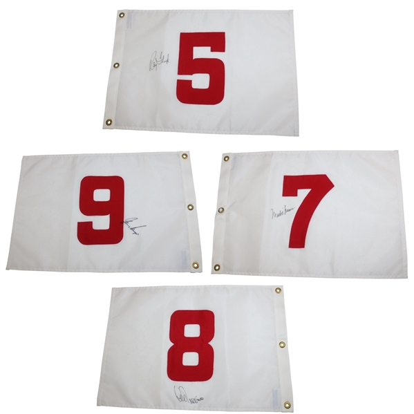 Player, Trevino, OMeara & Floyd Signed Red/White Holes 5-6-7-8 Embroidered Flags JSA ALOA
