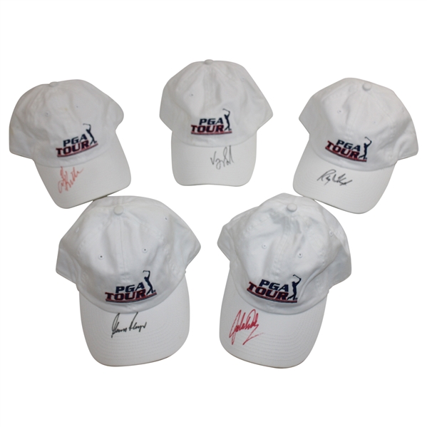 Daly, Player, Kite, Singh & Floyd Signed White PGA Tour Hats JSA ALOA