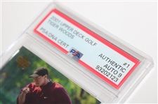 Tiger Woods Signed 2001 Upper Deck Golf Card #1 PSA/DNA #93202123 Auto Grade 9