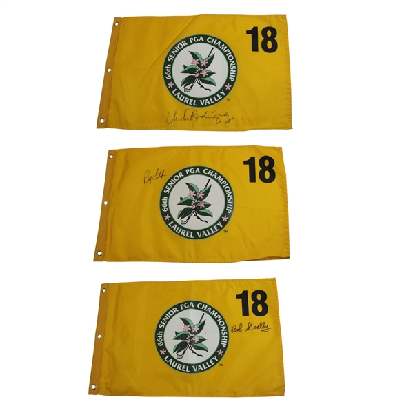Goalby, ChiChi & Floyd Signed 2005 Senior PGA at Laurel Valley Screen Flags JSA ALOA
