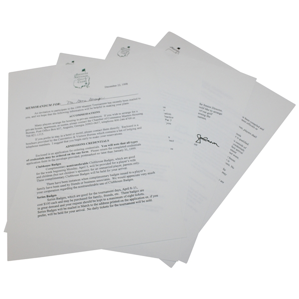 Gene Sarazen Correspondence From Augusta National Regarding 1999 Masters Badges - Sarazen Collection