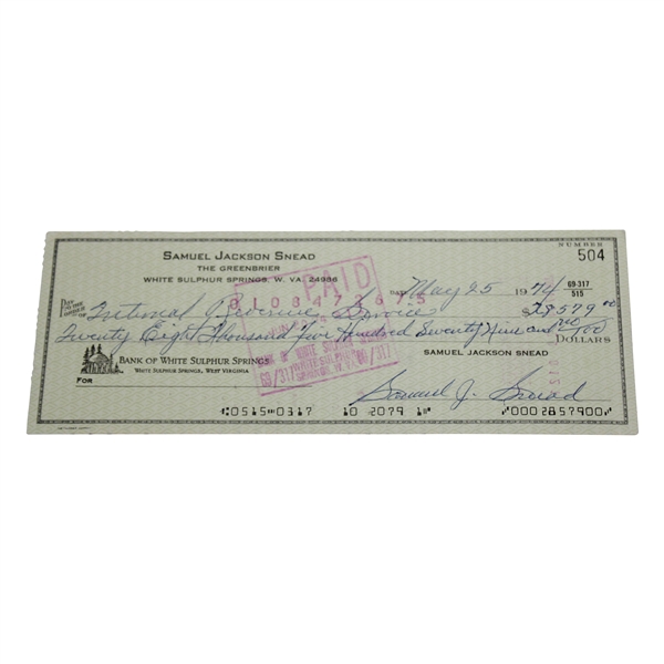 Sam Snead Signed 1974 Personal Check to the IRS for $28,579 JSA ALOA