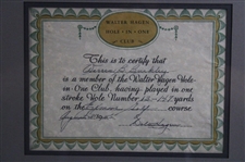 Walter Hagen Signed Hole In One Certificate W/ Photo - Framed JSA ALOA