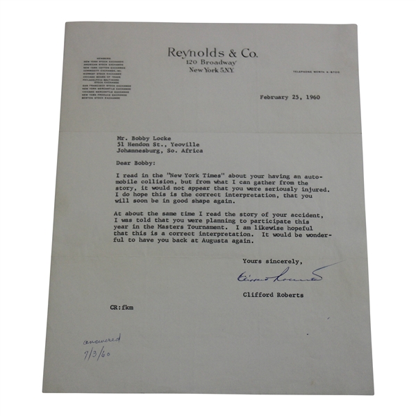 Clifford Roberts Signed 1960 Letter To Bobby Locke - Masters Return? JSA ALOA