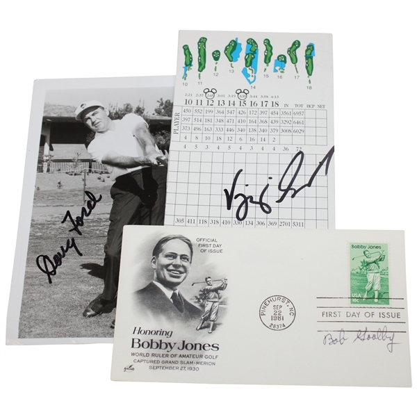 Bob Goalby Signed Bobby Jones First Day Of Issue, Vijay Singh Signed Disney Scorecard & Doug Ford Signed Photo JSA ALOA