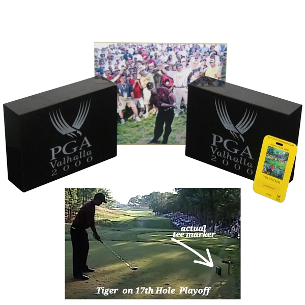 2000 PGA at Valhalla 17th Hole Official Tee Markers w/Badge & Photo - Tiger Win!