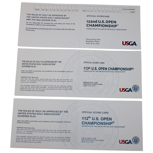 2012, 2013 & 2022 US Open Official Scorecards - Simpson, Rose & Fitzpatrick Winners